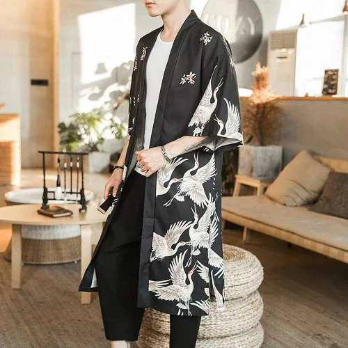 Vista 4 de HAORUN Abrigo kimono japonés para hombre, holgado, Yukata, albornoz largo, tops vintage