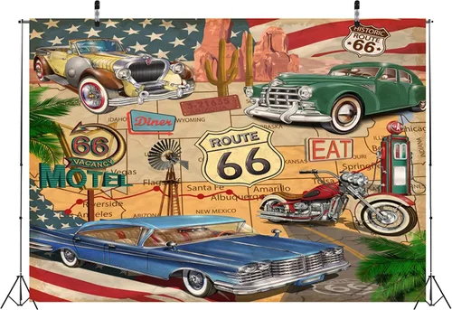 Vista 4 de BELECO Telón de fondo de fotografía con temática Route 66, tela de 5 x 3 pies, diseño retro de mapa de carretera, motel, motocicleta, autos, Arizona