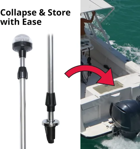 Vista 4 de SeaSense Luz de popa telescópica de 26 a 48 pulgadas - Rango de 2 millas náuticas - Luz cromada ajustable y plegable para barcos, kayaks, canoas