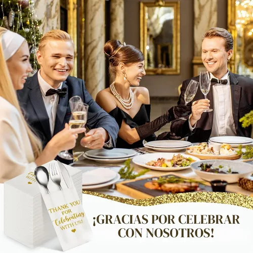 Vista 5 de Fuutreo - 100 servilletas de boda con bolsillo de lino desechables, color Papel absorbente Airlaid, impresión de agradecimiento, para decoración