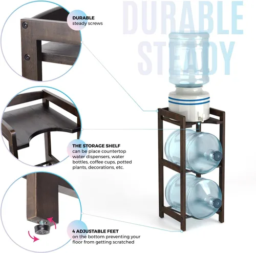 Vista 3 de Soporte para jarra de agua de 5 galones con estantes superiores, soporte dispensador de agua de madera maciza natural de 31 pulgadas de alto