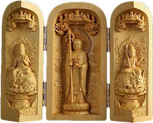Vista 4 de Caja de oración de budismo tibetano tallado en madera de boj natural (1000 brazos Avalokiteshvara Diosa)