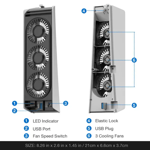 Vista 7 de PS5 Cooling Fan, MEQI PS5 Accessories Upgraded Quiet Cooler Fan with LED Light & USB 3.0 Hubs, Efficient Cooling Station for Playstation 5