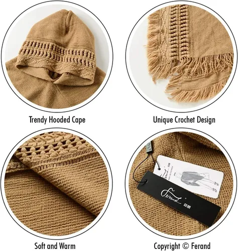 Vista 4 de Capa con capucha Ferand, con flequillo en el dobladillo, patrones de ganchillo para tejer poncho, para mujer.
