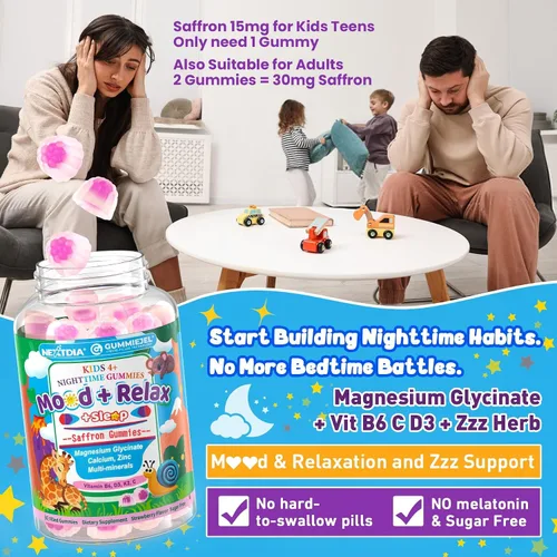 Vista 3 de Gomitas para dormir con magnesio + azafrán para niños, gomitas relajantes rellenas, calcio y zinc, minerales + multivitamínicos, sin melatonina