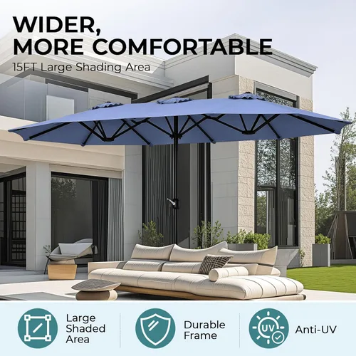 Vista 41 de Sombrilla de doble cara para patio de 15 x 9 pies con base y manivela, sombrilla rectangular extragrande para patio, césped y jardín, beige