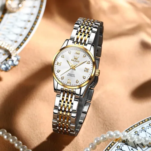 Vista 6 de OLEVS Reloj automático de mujer con diamantes mecánico de cuerda automática a la moda elegante reloj de pulsera luminoso impermeable de acero