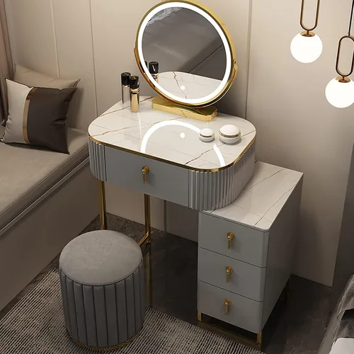 Vista 14 de Juego de mesa de tocador de maquillaje con 3 modos, espejo iluminado ajustable, 5 cajones, mesa de maquillaje con taburete acolchado suave, tocador
