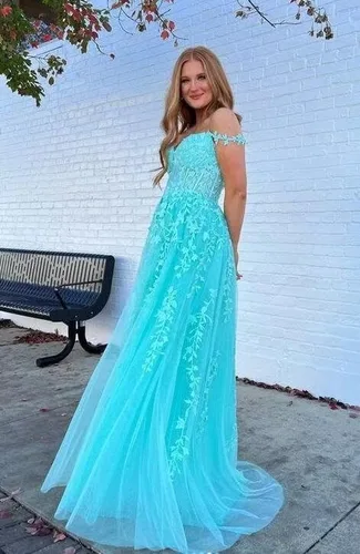 Vista 2 de YUAOHUANG Vestidos de graduación con apliques de encaje y tul para mujer 2025, vestido de baile con tirantes delgados, vestido de noche formal