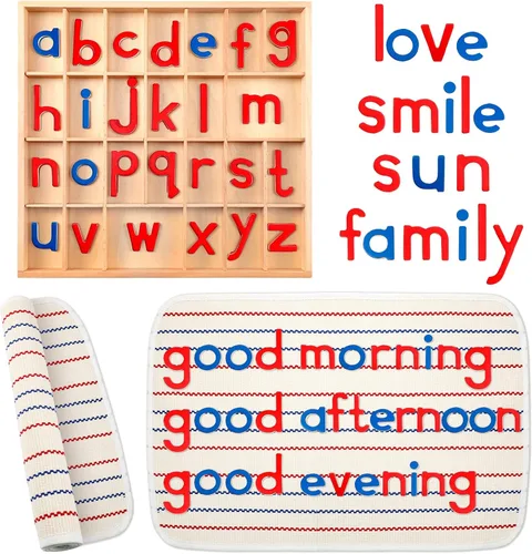 Vista 7 de Juexica Montessori Letters Movable Wood Alphabet with Box and Large Mat Small Wooden Alphabet Montessori Trays Preschool Spelling Learning Language