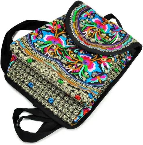 Vista 4 de Mochila de lona única vintage para mujer con bordado floral