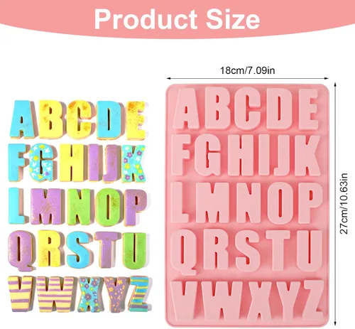Vista 2 de Moldes de letras de silicona rosa, molde del alfabeto de 26 cavidades para chocolate, moldes de chocolate A-Z letras para pasteles, cubitos