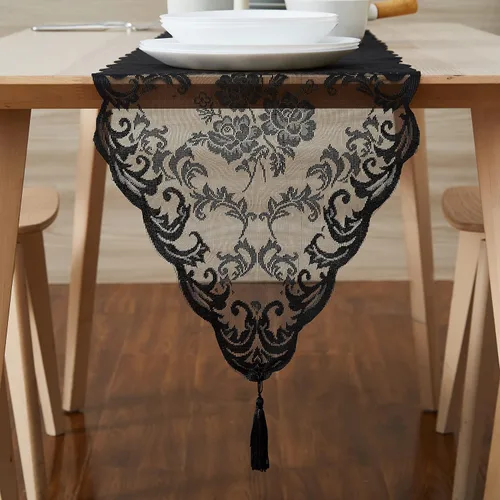 Vista 4 de Warm Home Designs Mantel Redondo Gótico. Cubierta de Mesa Circular Negra de 60 Pulgadas. Elegante Mantel Pequeño de Halloween con Diseño Floral