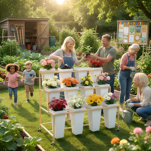 Vista 2 de Soporte de exhibición de flores de 3 niveles, soporte móvil de metal para plantas con 12 cubos, carrito de flores con ruedas, adecuado para G