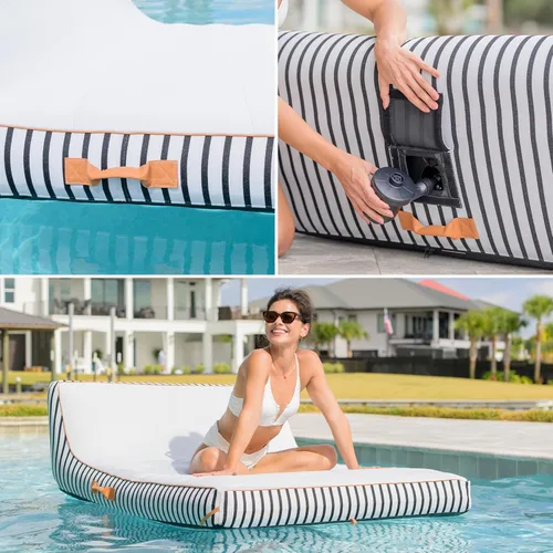 Vista 5 de Big Joe Lux Chaise - Flotador inflable prémium para piscina, rayas azul marino y marfil, malla de primera calidad, mezcla de poliéster duradera