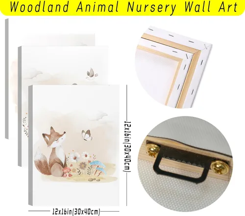 Vista 6 de MIZILI Lienzo de animales del bosque para cuarto de bebé, arte de pared, pinturas de animales salvajes, acuarela, decoración de pared, oso zorro