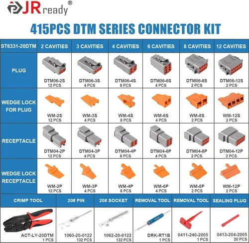 Vista 2 de JRready Kit de conectores Deutsch Serie DTM, 2 3 4 6 8 12 pines conectores DTM impermeables grises, herramienta de crimpado Deutsch ACT-LY-20DTM