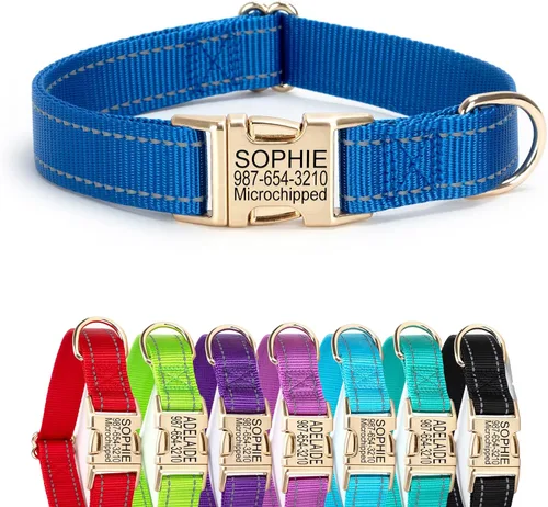Vista 9 de Collar de perro de nailon reflectante personalizado con etiqueta de nombre Collares de perro con hebilla dorada grabados personalizados Collar