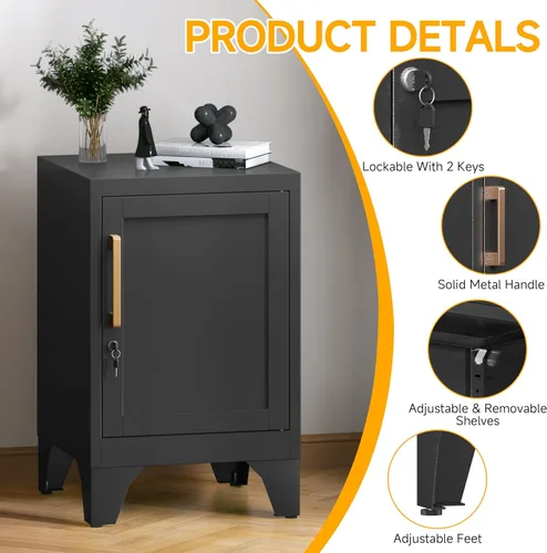 Vista 4 de Mesita de noche tipo casillero de metal negro de 23.6 pulgadas de alto con 1 puerta con cerradura y 1 estante ajustable, armario de almacenamiento