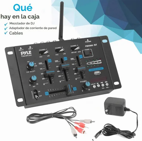 Vista 2 de Mezclador de audio inalámbrico Pyle DJ - Controlador DJ compatible con Bluetooth de 3 canales, mezclador de sonido, micrófono con función