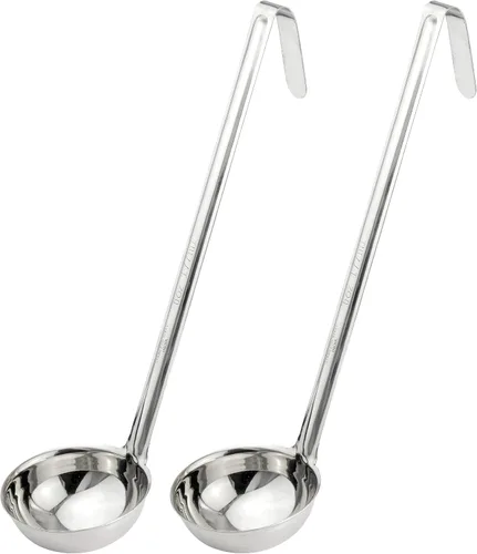 Vista 7 de Fit Meal Prep [Paquete de 2] Cucharón de sopa de acero inoxidable de 2 onzas, espátula de salsa de una pieza con asas de gancho, cuchara de servir