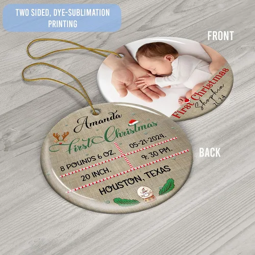 Vista 2 de Adorno personalizado para la primera Navidad, con nombre personalizado, estadísticas de nacimiento, foto, adornos redondos de cerámica para bebés