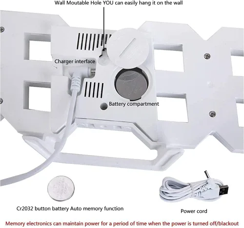Vista 9 de Reloj despertador de pared digital LED 3D, 9.5 pulgadas, 3 brillos de 12/24 horas, color blanco