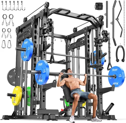 Vista 16 de XGSW Smith Machine Gimnasio en casa, jaula de potencia multifunción con sistema cruzado de cable de polea doble, estante para sentadillas para L06