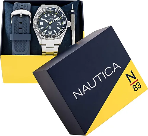 Vista 3 de Nautica N83 NAPFWS308 Finn World - Pulsera de acero inoxidable para hombre y correa de fibra sintética de trigo azul, Tono plateadoazulSST y azul