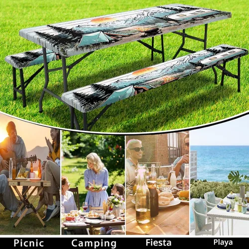 Vista 5 de Funda para Mesa de Picnic con Fundas para Bancos y Bolsa, Campista de Madera Impermeable Resistente al Viento, Cubierta de Mantel Ajustada con Borde