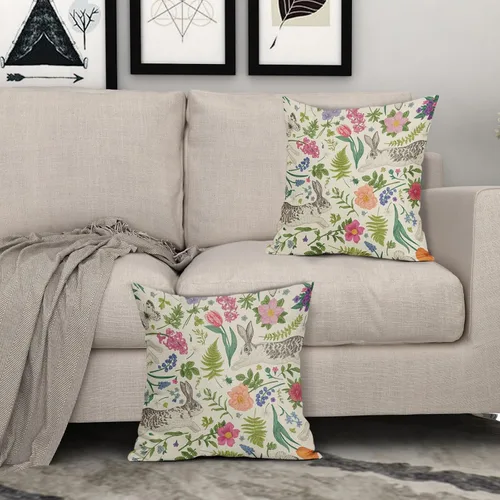 Vista 3 de Juego de 2 fundas de almohada de primavera de 16 x 16 pulgadas, diseño de conejo, flores rosas, hojas verdes salvia, plantas botánicas vintage