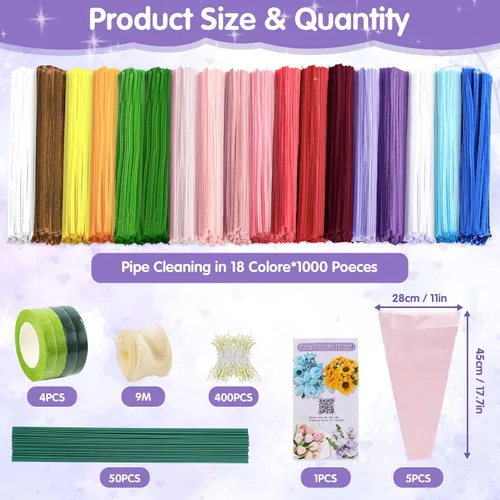 Vista 2 de 1000 piezas de limpiadores de tuberías para manualidades, kit de 18 colores surtidos