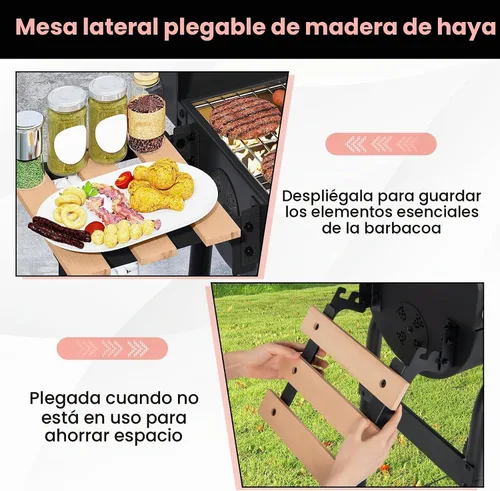 Vista 6 de Happygrill Barrel Charcoal Grill con mesa auxiliar plegable y 2 ruedas