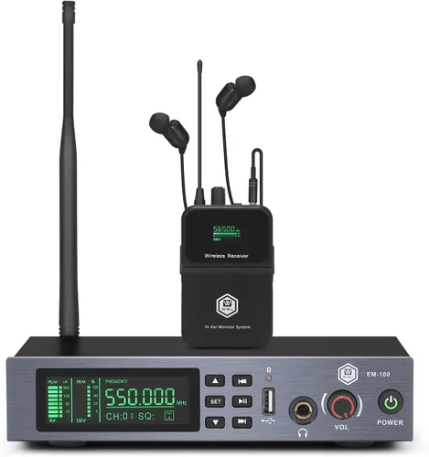 Vista 6 de W IN-MIX EM100 UHF Sistema de monitor intrauditivo inalámbrico 1 Bodypacks Sistema IEM mono, tecnología PLL, rango de 300 pies, latencia ultrabaja