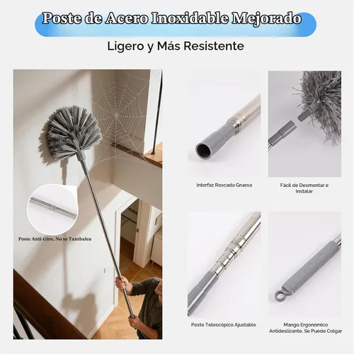 Vista 4 de Plumero de telaraña con poste de extensión, limpiador de plumas de microfibra lavable 5 en 1 kit con 3 cabezales de plumero, plumero largo
