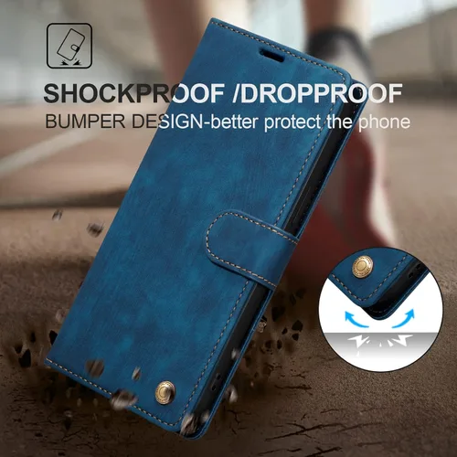 Vista 5 de QLTYPRI Funda para iPhone 13, funda de piel sintética con cierre magnético, soporte para tarjetas, función atril, a prueba de golpes, funda Azul