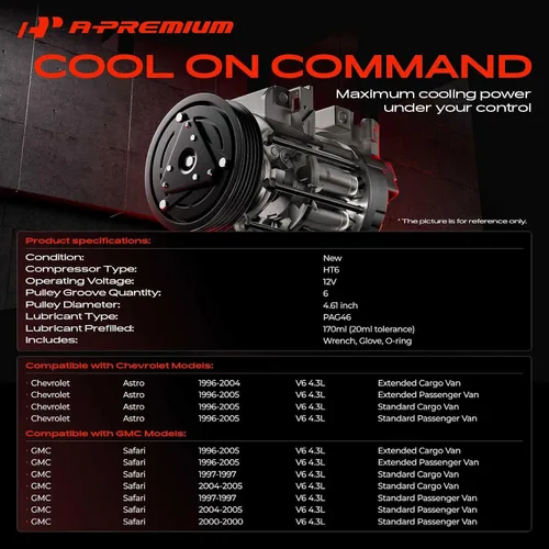 Vista 2 de A-Premium Compresor de A/C con embrague compatible con Chevrolet Astro 4.3L 1996-2005, GMC Safari 4.3L 1996-2005