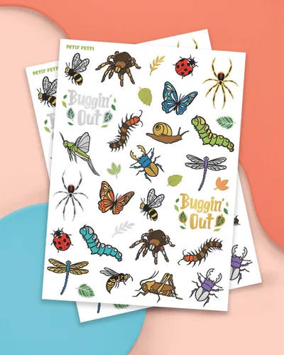 Vista 2 de xo, Fetti Tatuajes temporales de insectos – 48 estilos de purpurina Suministros de fiesta de cumpleaños de insectos, abejas, arañas, escarabajos
