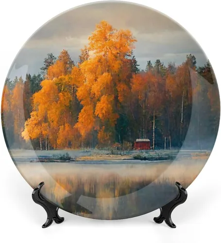 Vista 17 de Platos decorativos de pintura de paisaje de árboles de montaña otoñal, platos decorativos para decoración del hogar, platos de cena de temporada