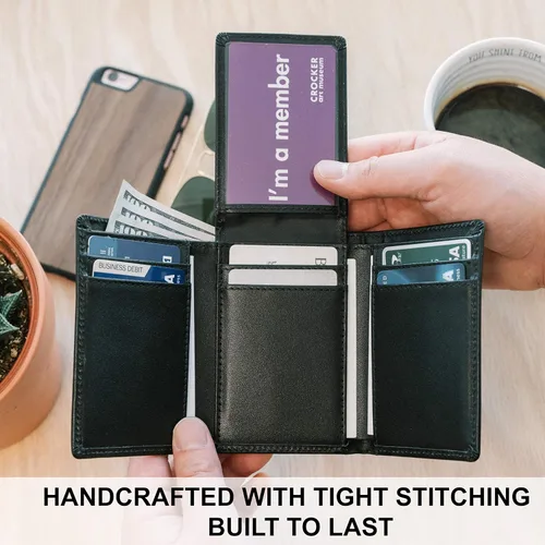 Vista 3 de STAY FINE Billetera de cuero RFID triple para hombre con identificación abatible, soporte delgado para tarjetas de capacidad extra, listo