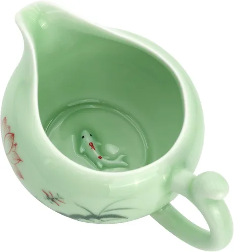 Vista 2 de DELIFUR Celadon Juego de té de porcelana hecho a mano con tema de loto, tetera de porcelana cubierta taza de té Gongdao taza de China