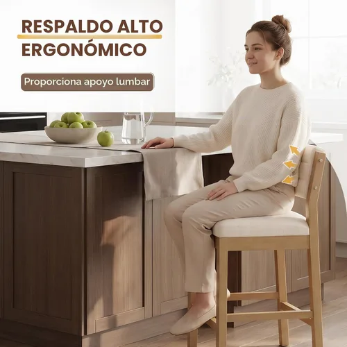 Vista 4 de CIMOTA Taburete de bar de 26 pulgadas de alto, taburete de bar de madera con respaldo, taburetes de isla de cocina tapizados de lino, silla de barra