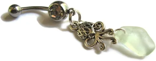 Vista 3 de Octopus Belly Button Ring with Light Seafoam Sea Glass Charm