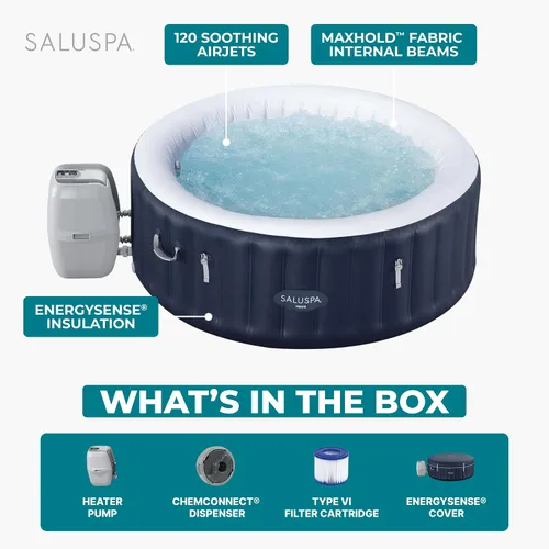 Vista 4 de Bestway SaluSpa Miami - Bañera de hidromasaje inflable para 2 a 4 personas, spa portátil de bajo consumo redondo para exteriores con 120 AirJets, 71
