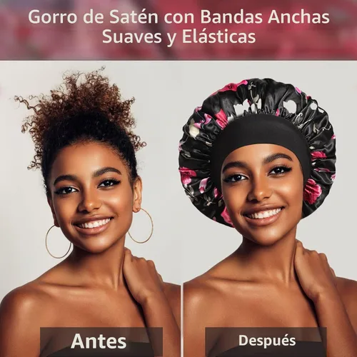 Vista 3 de vidsel 4 gorros de satén para mujer, gorro de seda para dormir, gorra de dormir de banda ancha para trenzas de cabello rizado