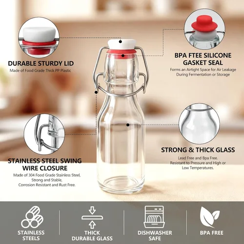 Vista 4 de Ruckae Paquete de 24 botellas de vidrio con tapa abatible de 4 onzas con tapas, botella de vidrio abatible de Kombucha Coquito para jarabe, extracto
