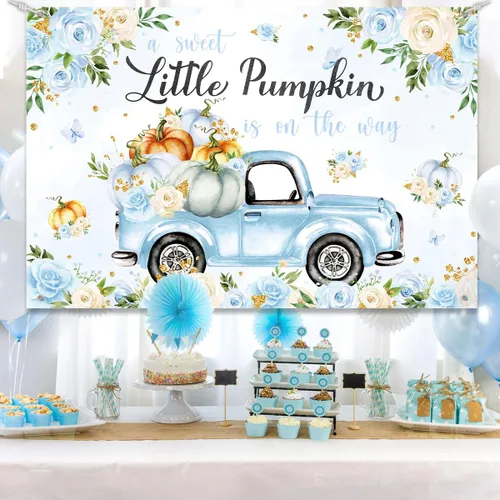 Vista 4 de Fondo de decoración de baby shower con diseño de calabaza pequeña para niño, A Sweet Little Pumpkin is On The Way Fall Blue Floral Truck Fotografía