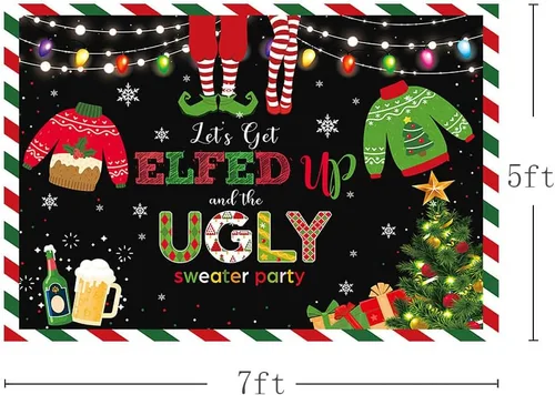 Vista 3 de MEHOFOND Telón de fondo de Feliz Navidad de 7 x 5 pies con texto en inglés "Let's Get Elfed up and The Ugly Sweater Party Fotografía", rojo y verde