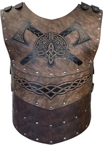 Vista 4 de HiiFeuer Armadura vikinga en relieve para el pecho con polainas medievales y brazaletes, juego de disfraz de mercenario de piel sintética vintage