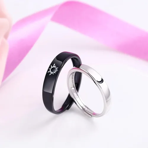 Vista 2 de Beydodo Anillos de plata 925 personalizados ajustables con sol y luna a juego grabados I LOVE YOU Anillos para parejas Anillos de boda